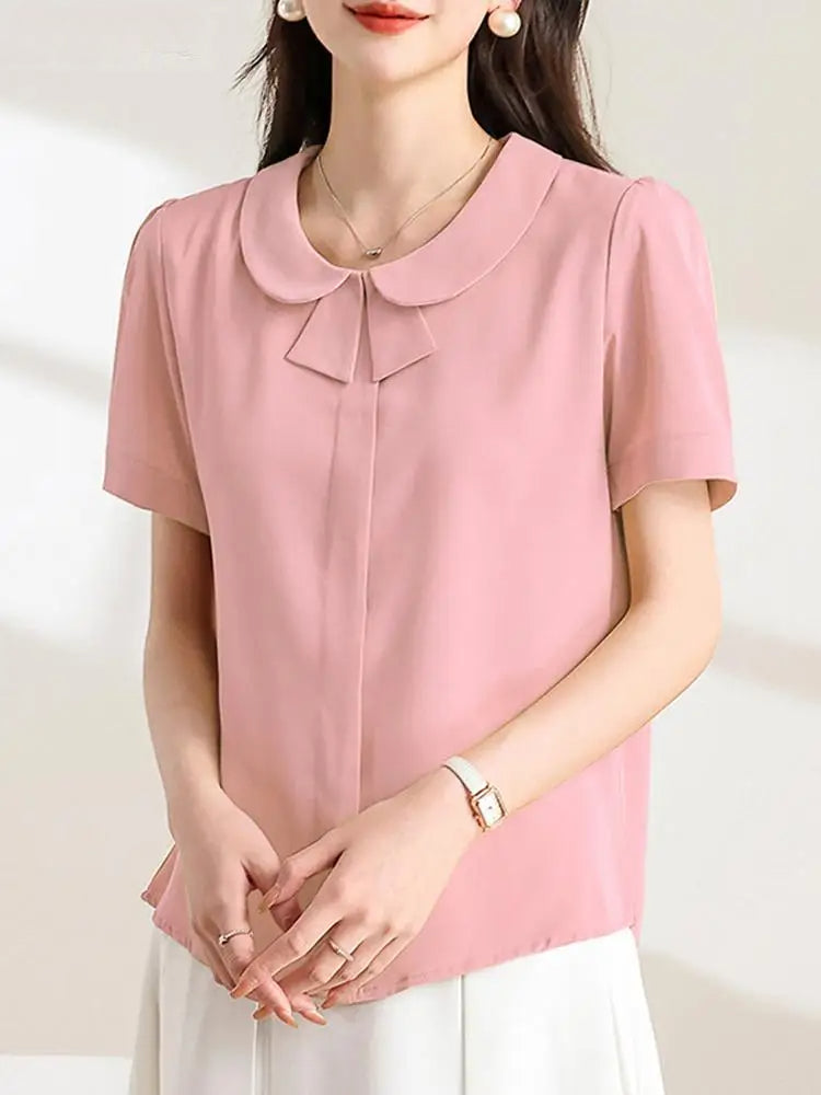 Casual Loose Lapel Solid Color Short Sleeve Blouse