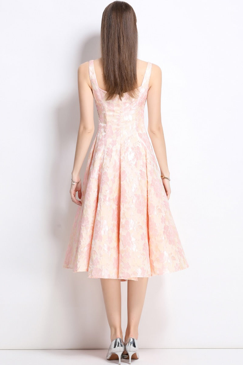 Floral Jacquard Square Neck Fit and Flare Midi Dress 2