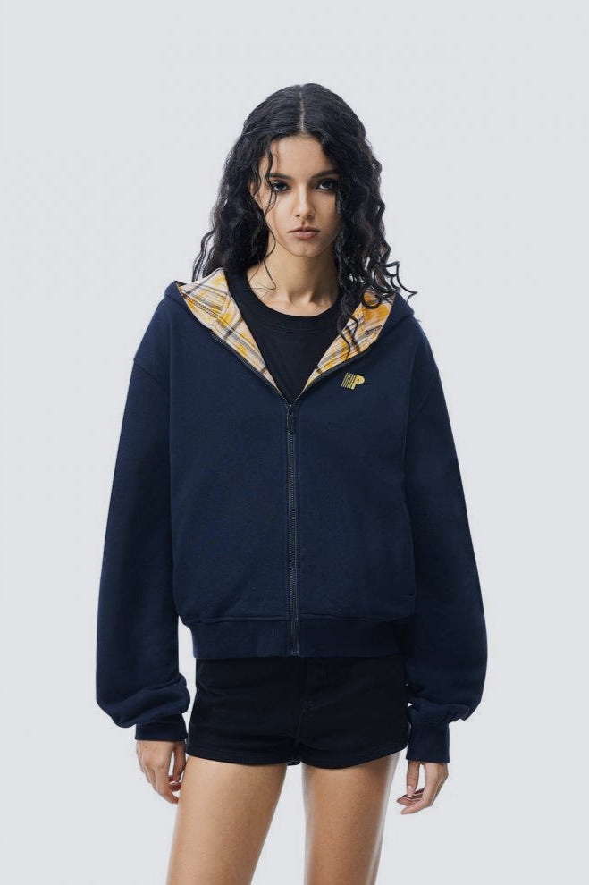 Plaid Color Block Zip Loose Hoodie