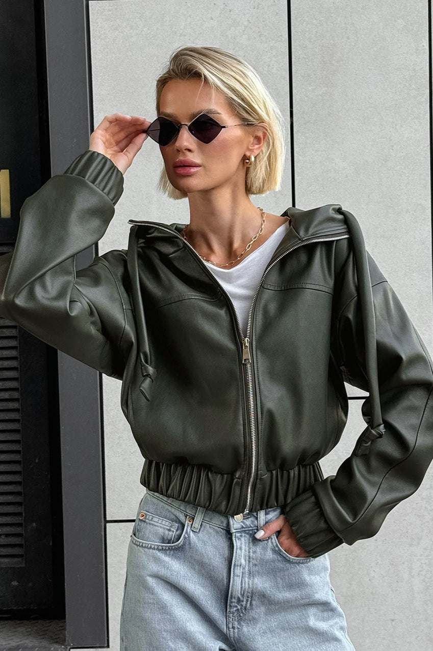 PU Leather Hooded Casual Jacket