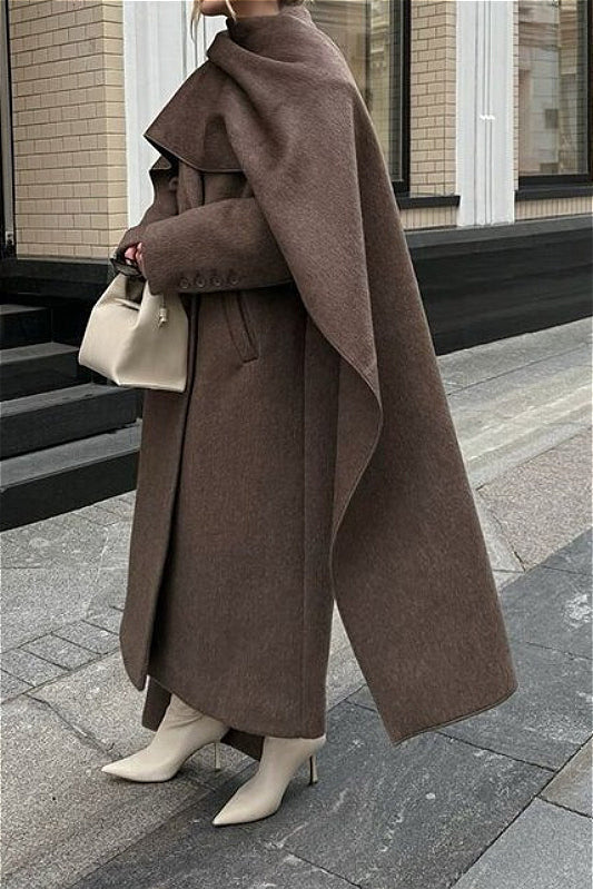 Scarf Collar Longline Woolen Elegant Solid Overcoat