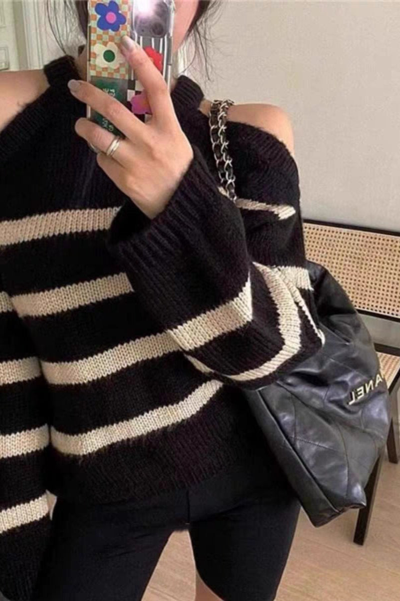 Striped Cutout Shoulder Knit Sweater