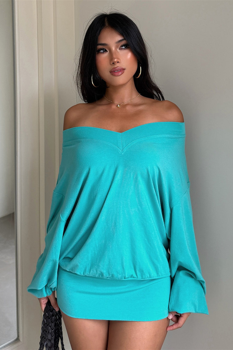 Off Shoulder Long Sleeve Blouson Bodycon Mini Dress