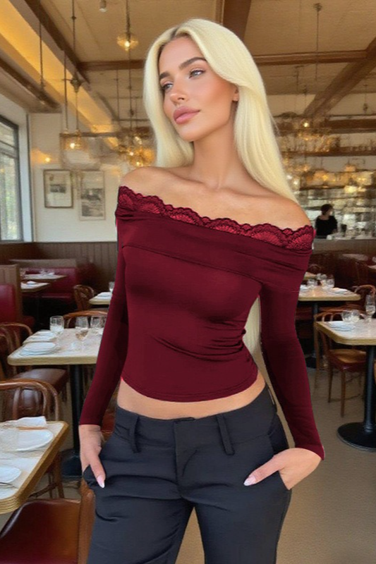 Lace Off Shoulder Long Sleeve Chic Versatile Crop Top