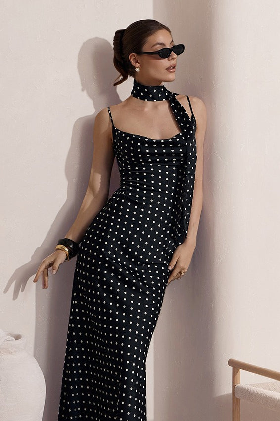 Draped Polka Dot Slip Dress - Fashionpara