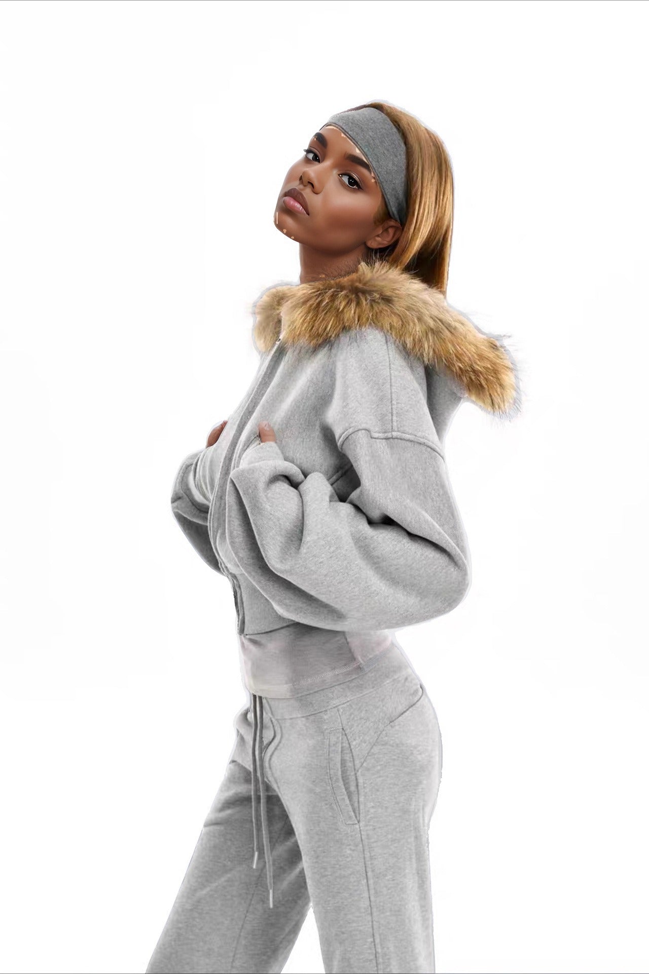Vintage Gray Fur Collar Zip Hoodie - Fashionpara