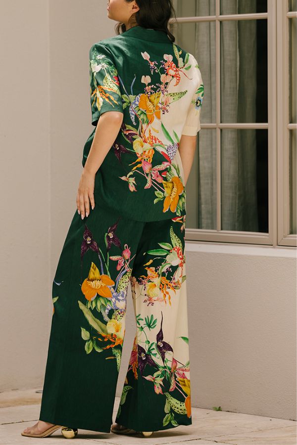 Island Linen Blend Unique Print Short Sleeve Loose Shirt and Elastic Waist Pocket Pants Set - Fashionpara