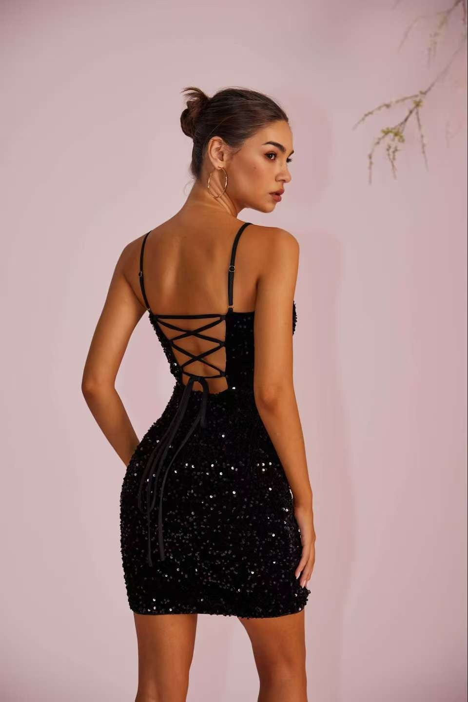 Sequin Panel Sheer Slim-Fit Split Cami Party Dress