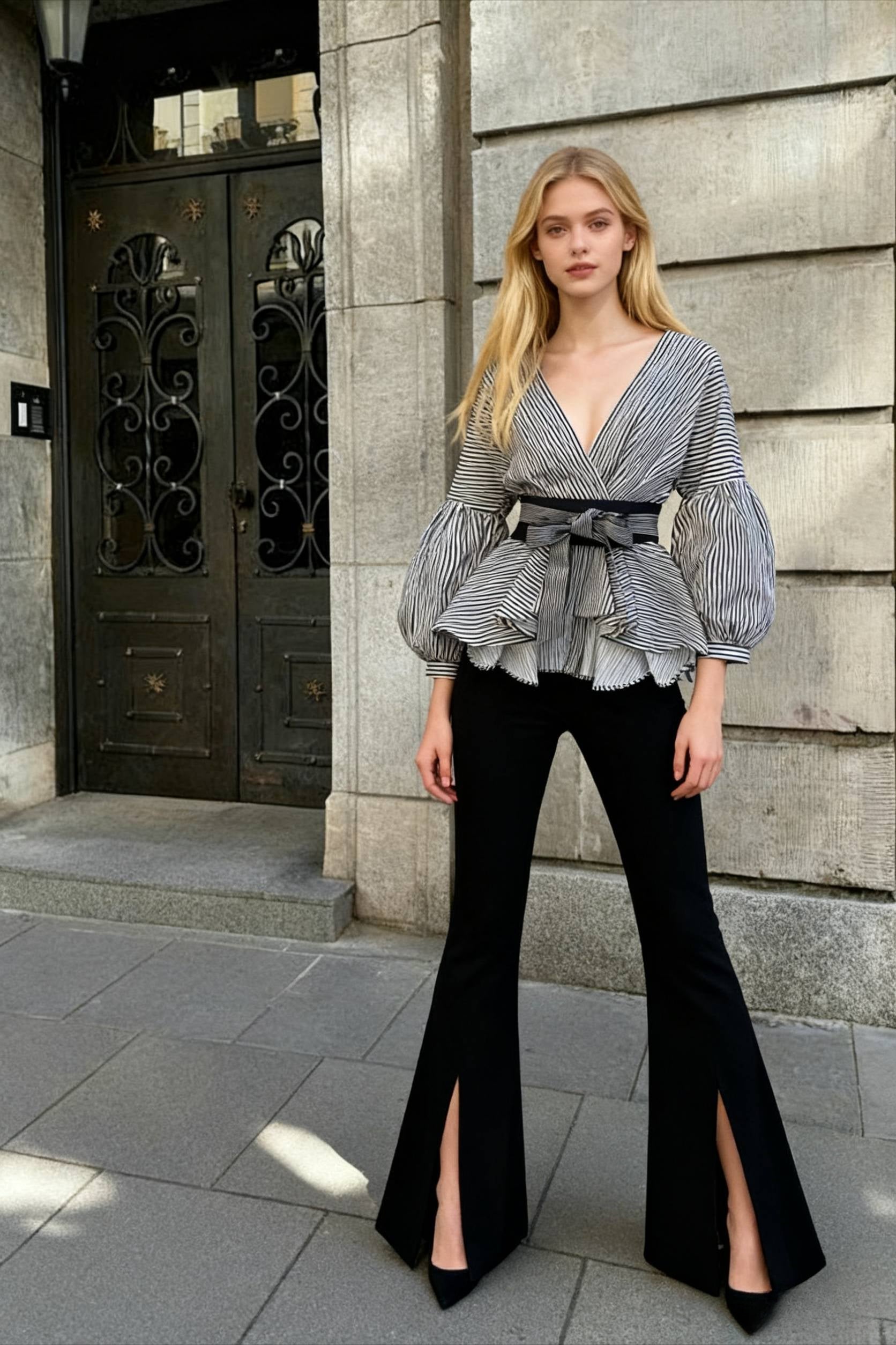 Spring Women's Bow Pants Lantern Flare Black + Striped Split Warm-Season Blouse Arm Arm Set - Fashionpara