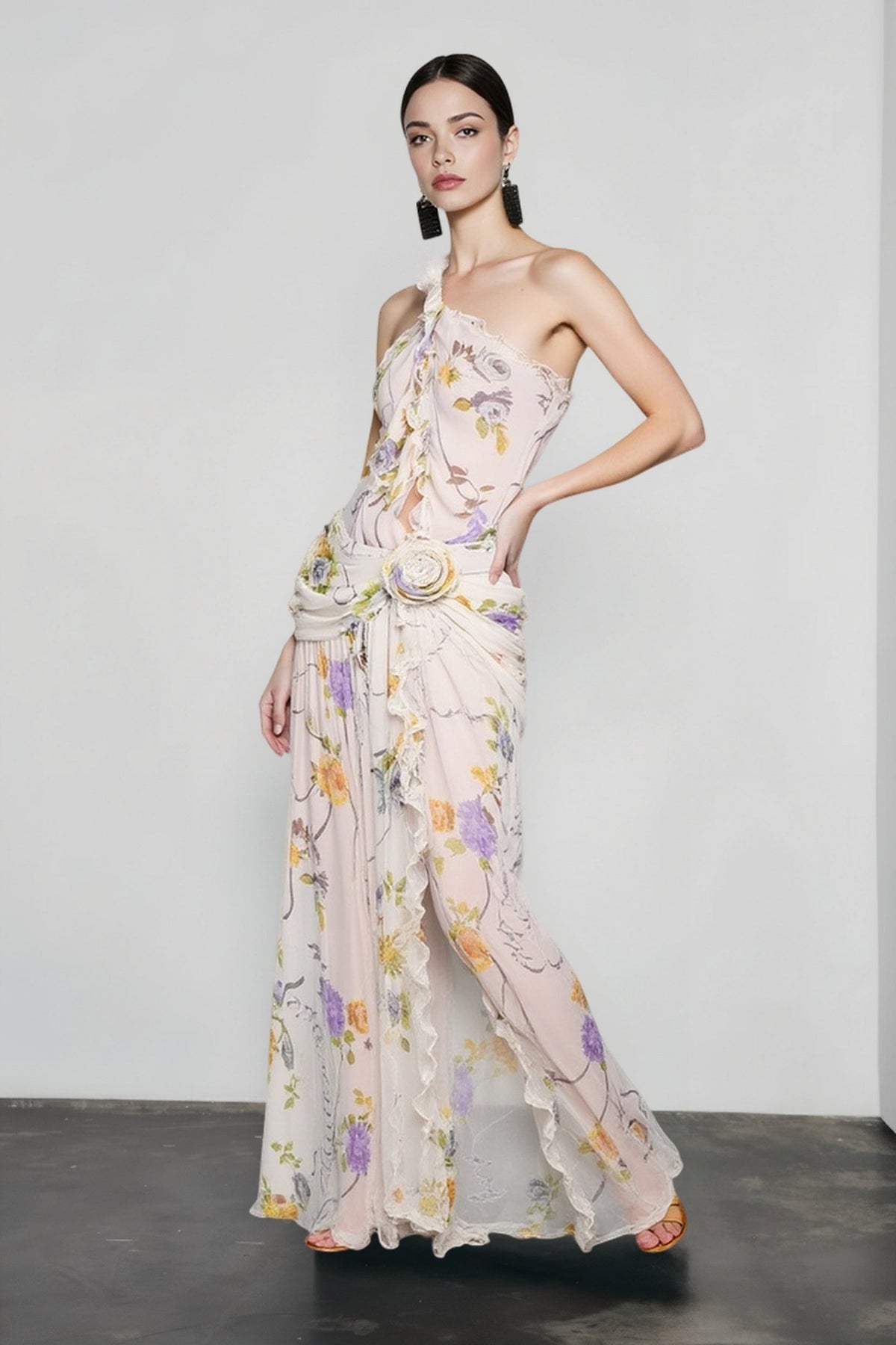 Floral Print One-Shoulder Rosette Ruffle Maxi Dress