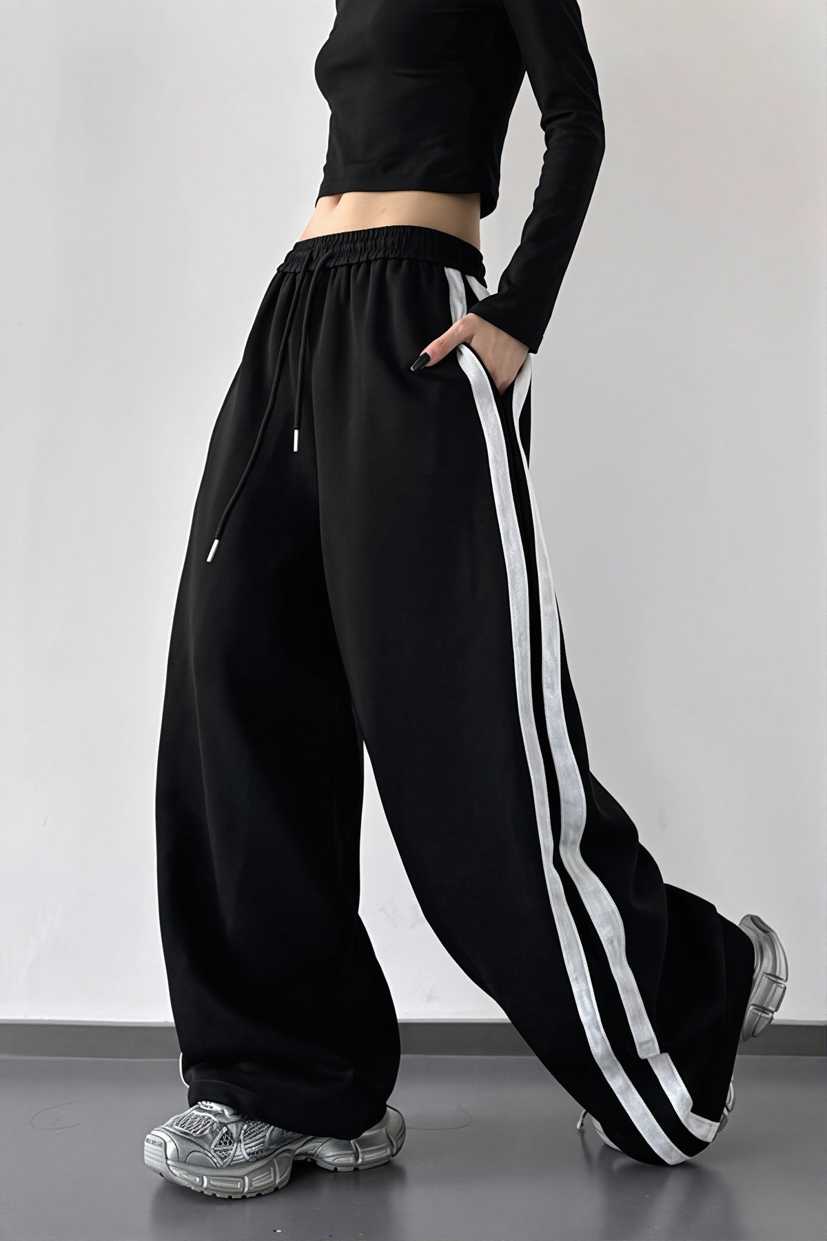 Side Stripe Drawstring Wide Leg Pants