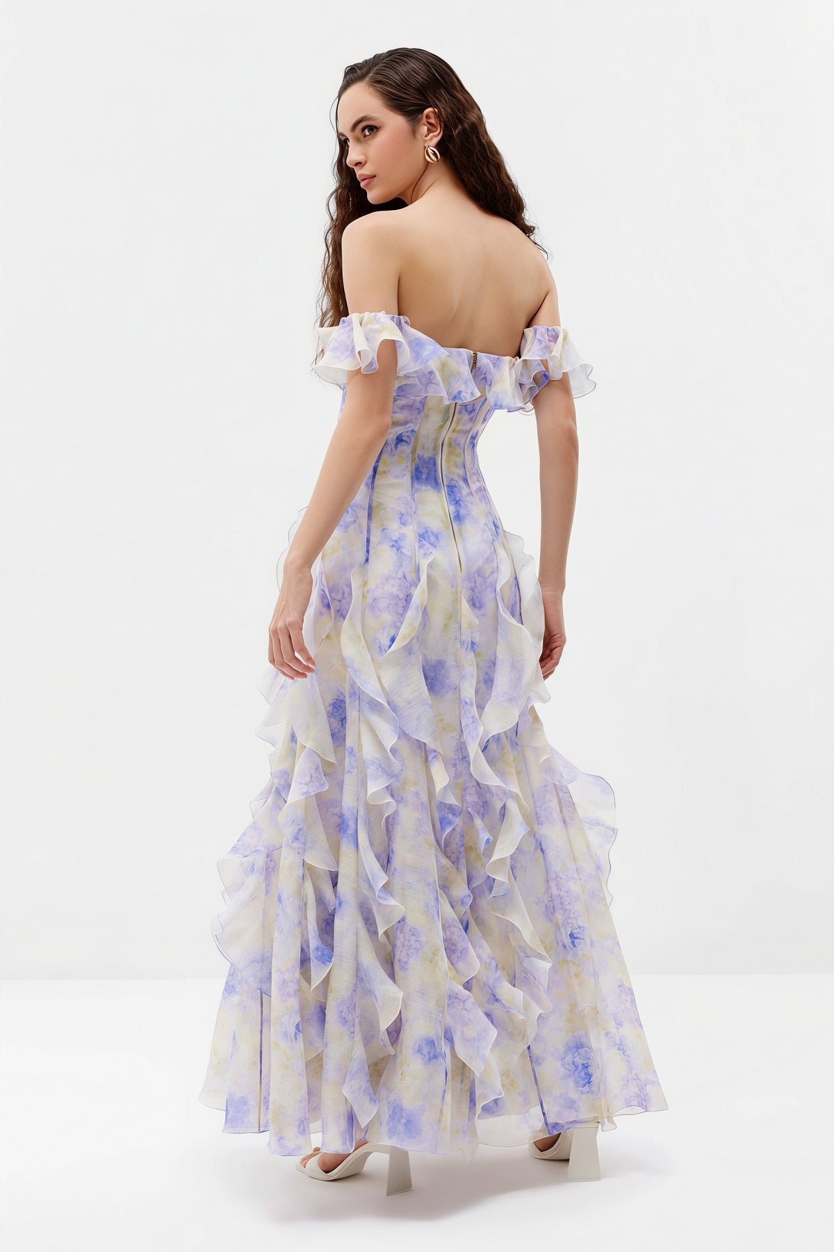 Watercolour Print Off Shoulder Ruffle Maxi Gown 4