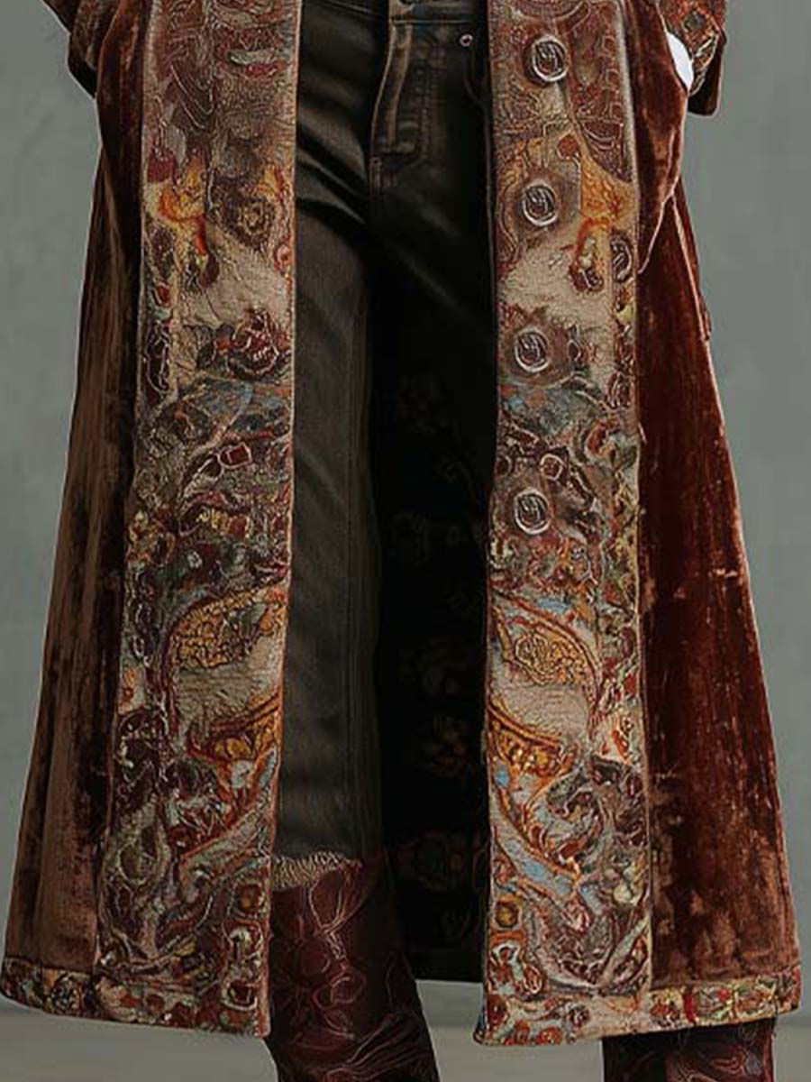 Velvet Paisley Trim Maxi Coat - Fashionpara
