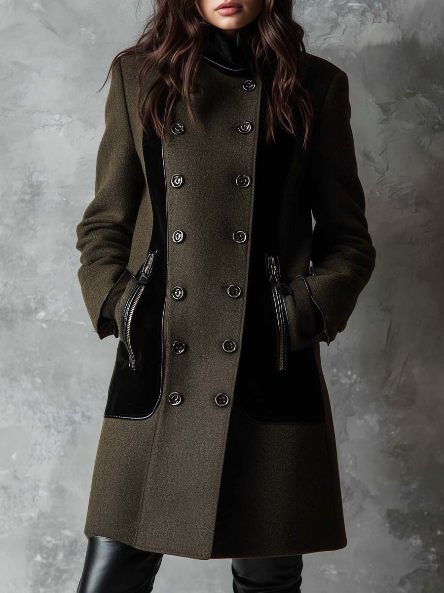 Military Green Wool-Blend Coat With Black Contrast Panels - Fashionpara
