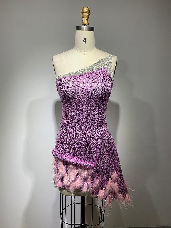 Sequin One Shoulder Beaded Feather Trim Bodycon Mini Dress - View 2
