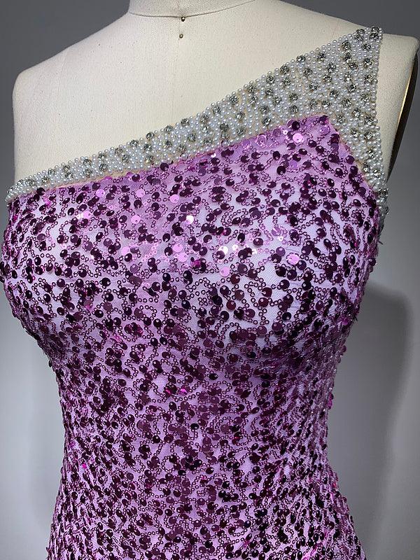 Sequin One Shoulder Beaded Feather Trim Bodycon Mini Dress - View 3
