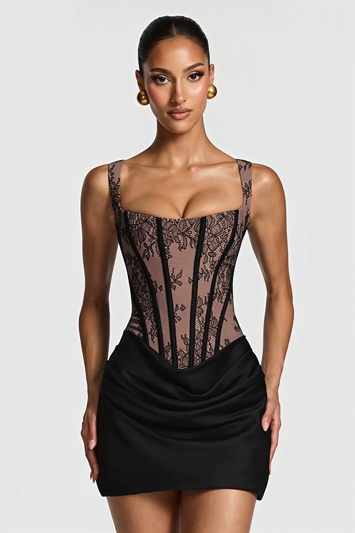 Elegant Lace Fishbone Ruched Mini Dress - View 5