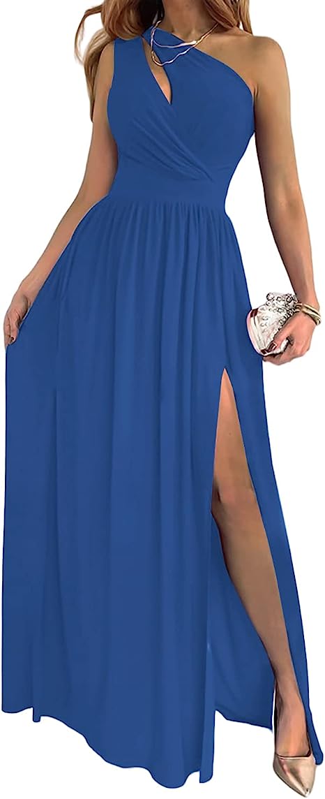 One Shoulder Keyhole Cut Out Pleated High Split Formal Maxi Gown - View 6