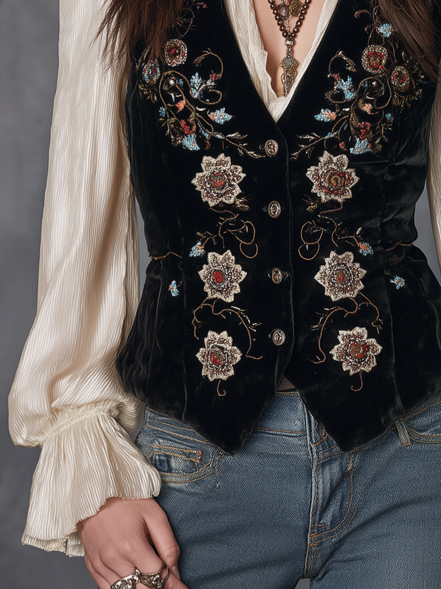 Bohemian Rose Embroidery Fitted Velvet Waistcoat - Fashionpara