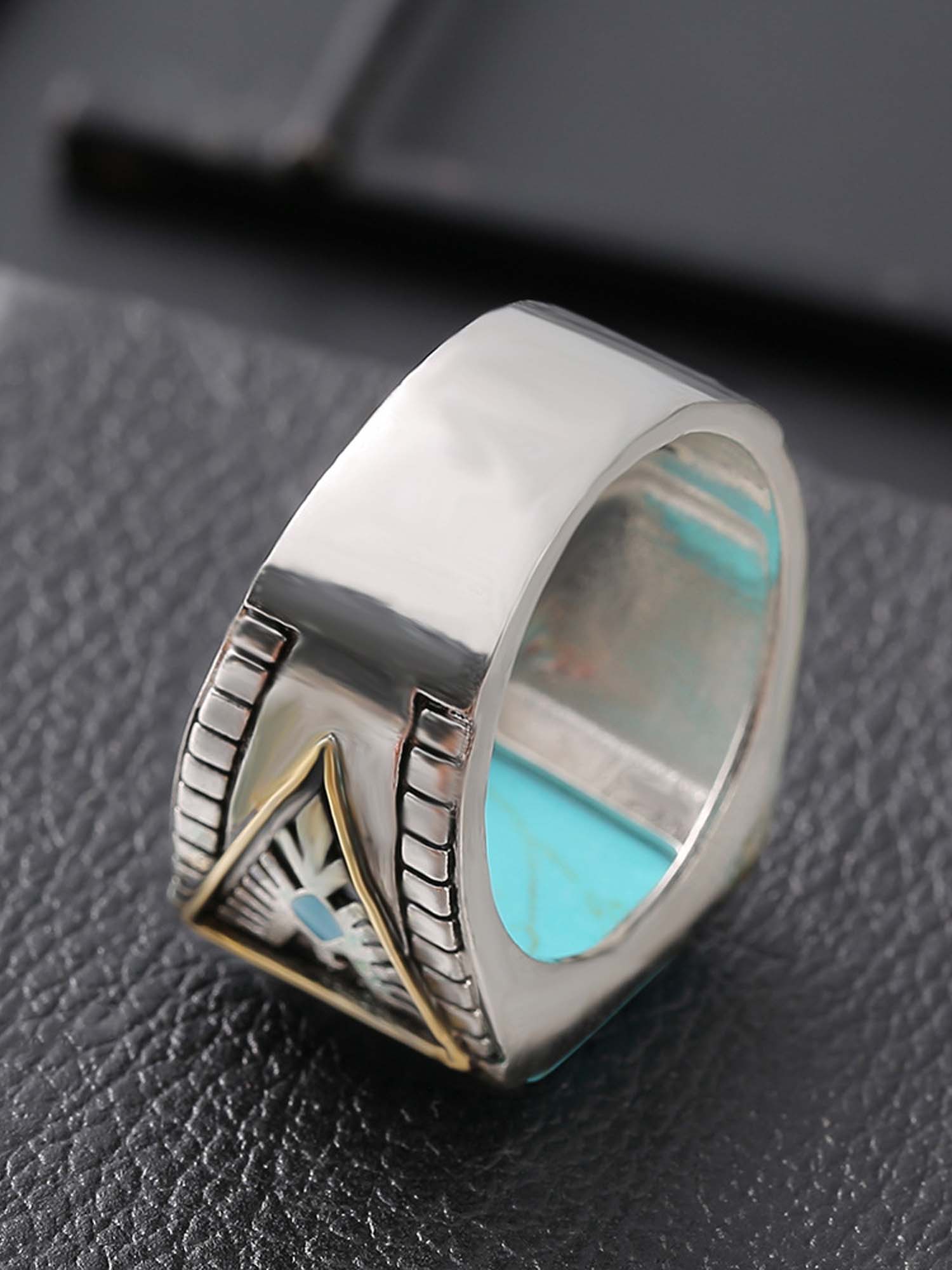 Bohemia Indian Mythical Animal Western Thunderbird Feather Turquoise Ring