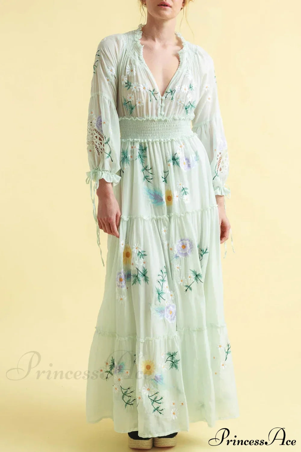 Deep V Long Sleeve Casual Dress Light green / S bohodress-250126