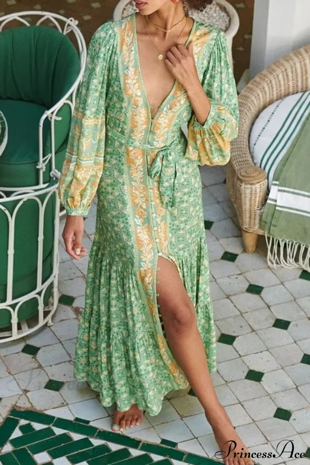 Deep V-neck Floral Long Sleeve Cotton Boho Dress Green / S bohodress-250126