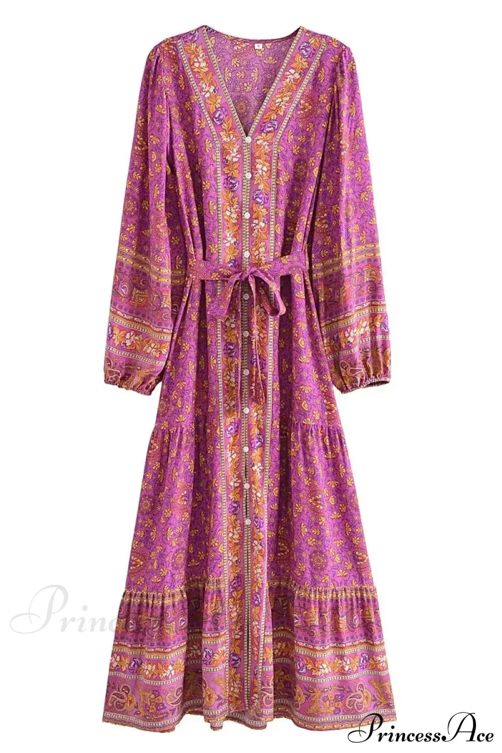 Deep V-neck Floral Long Sleeve Cotton Boho Dress Red / S bohodress-250126