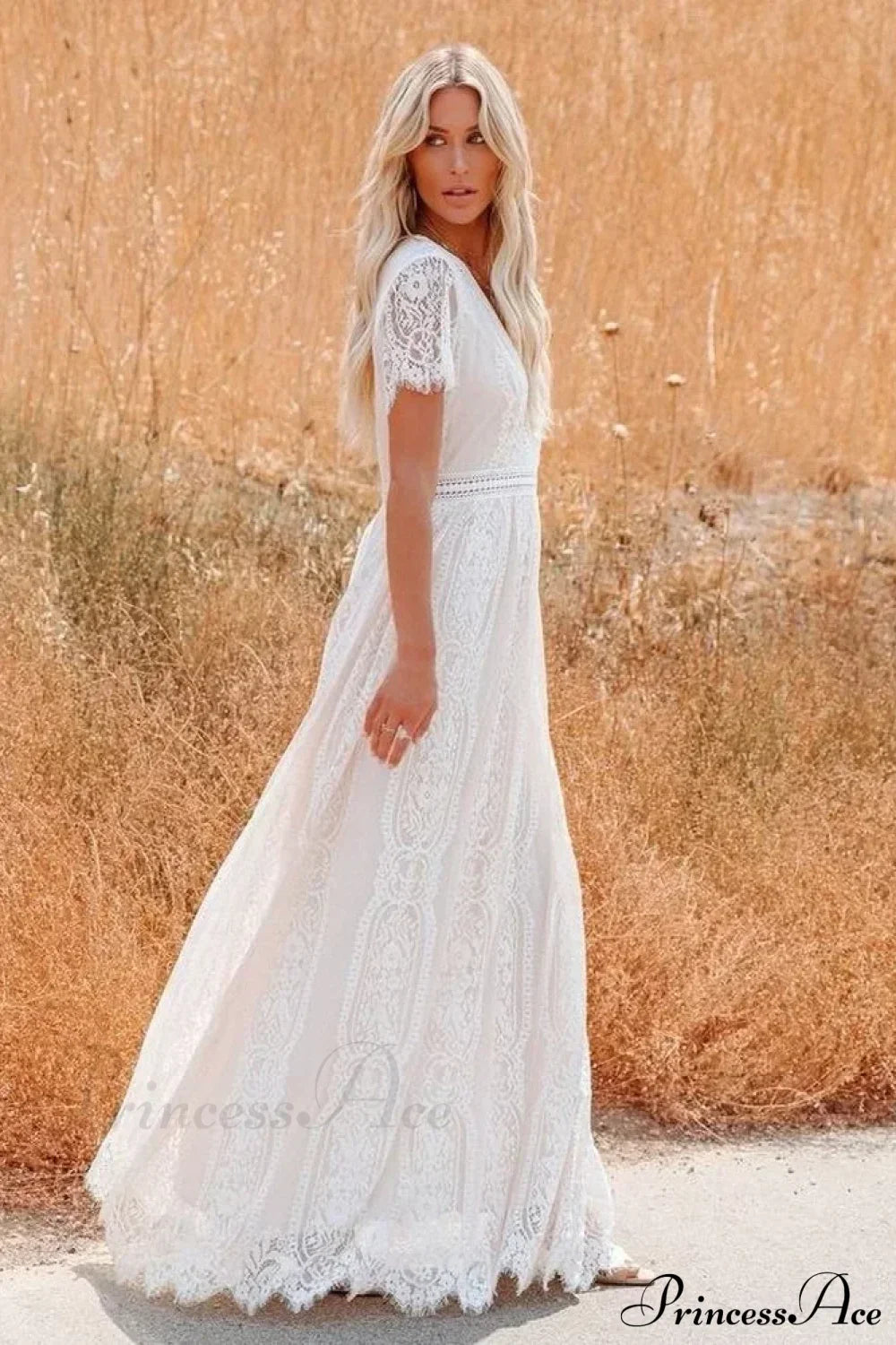 Deep V-neck Lace Hollow Out Vintage White Boho Dress