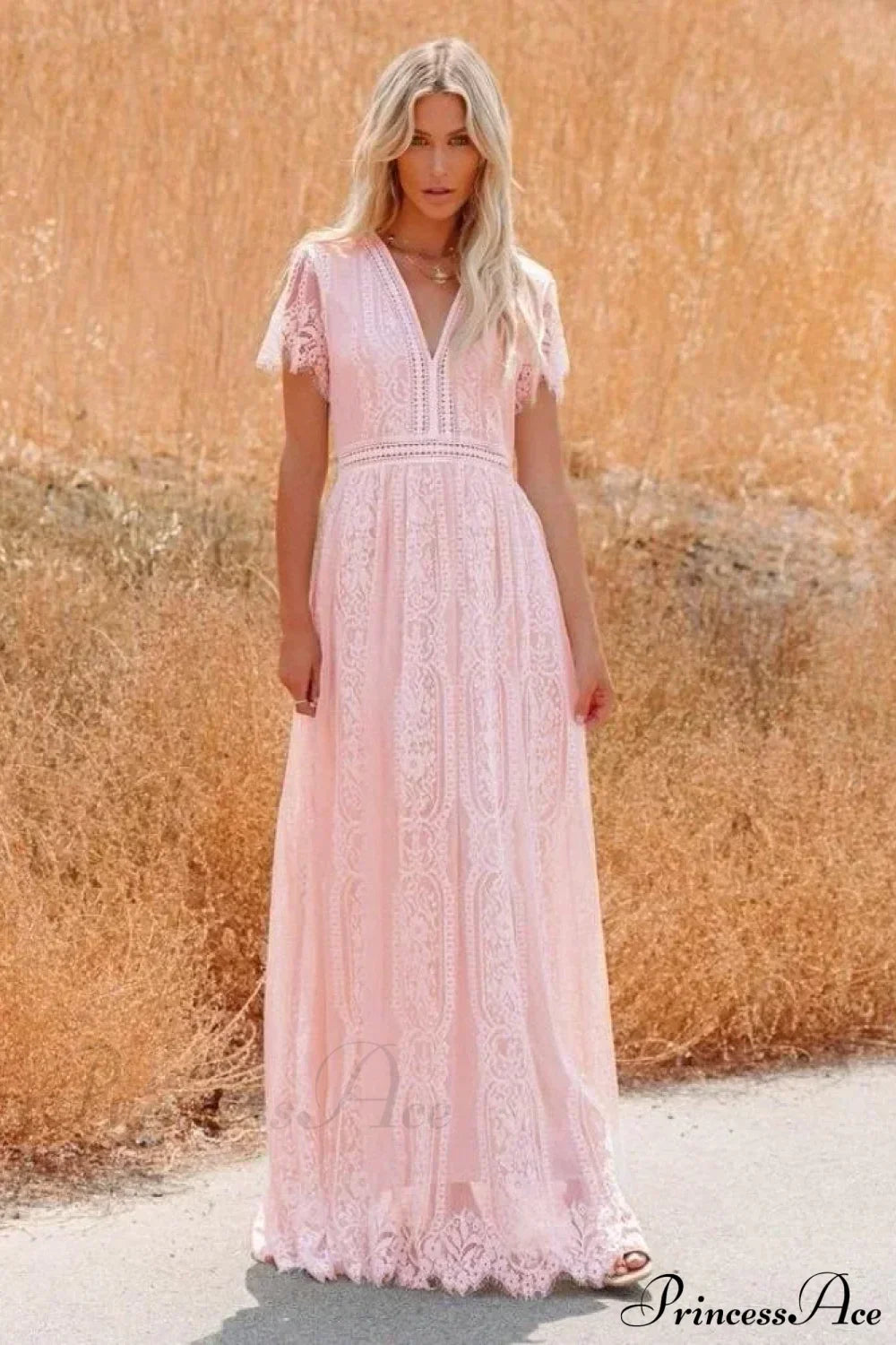 Deep V-neck Lace Hollow Out Vintage White Boho Dress