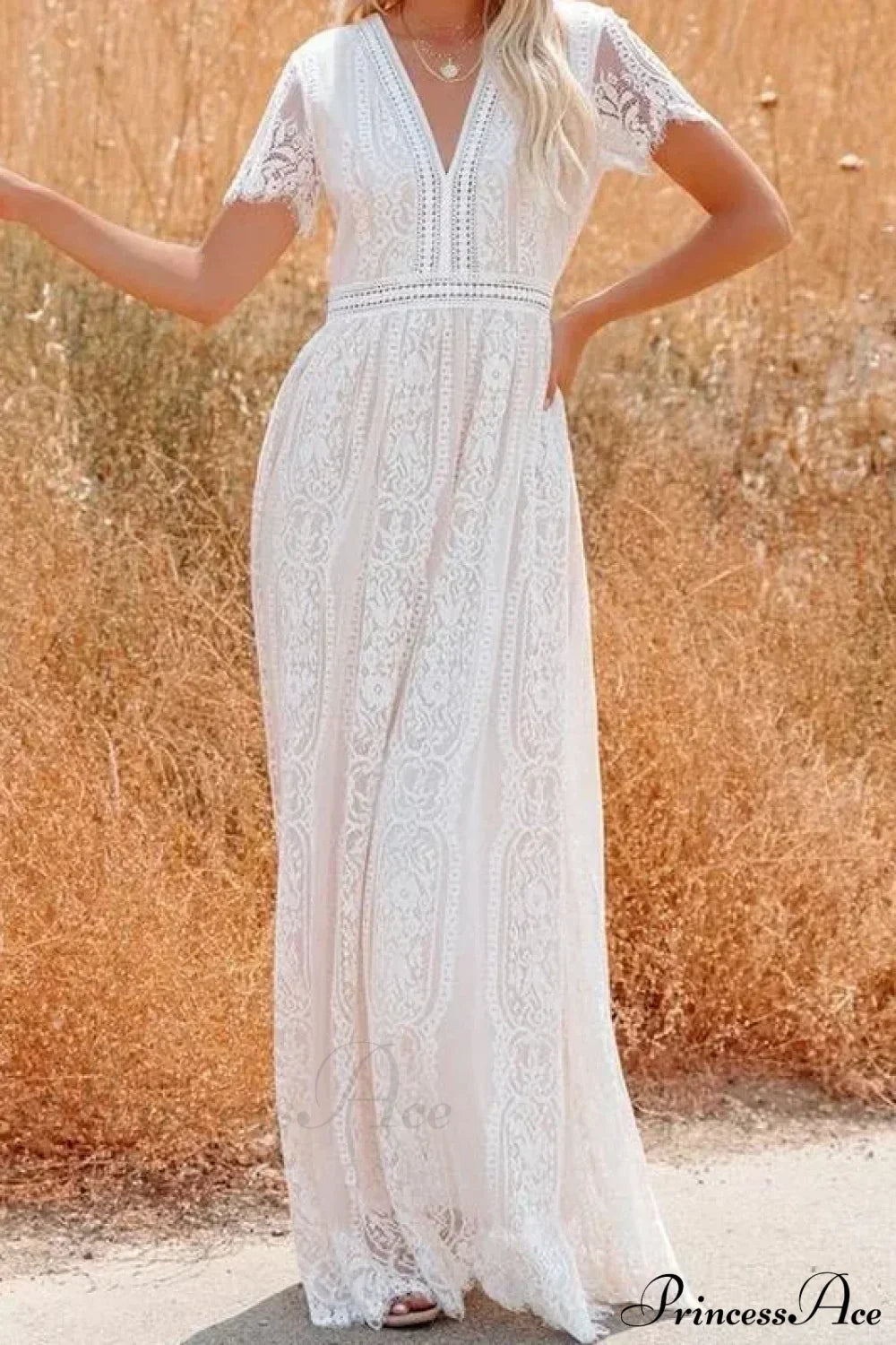 Deep V-neck Lace Hollow Out Vintage White Boho Dress