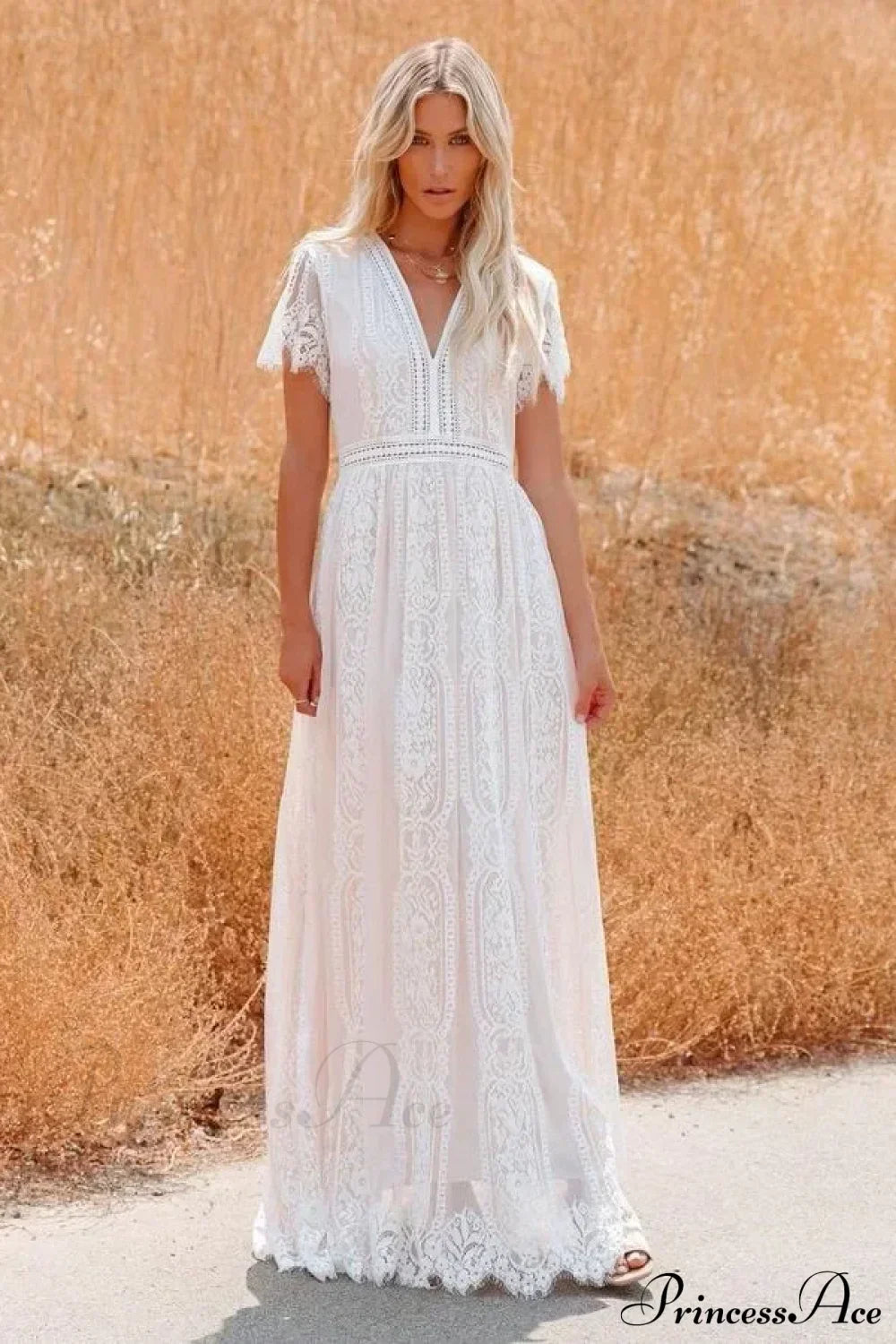 Deep V-neck Lace Hollow Out Vintage White Boho Dress White / S bohodress-250126