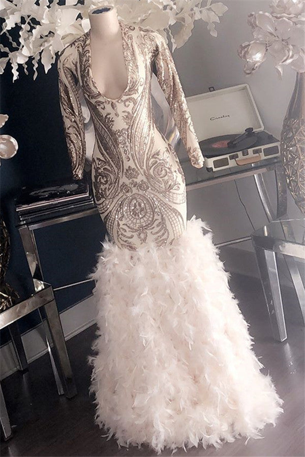 Deep V-Neck Long Sleeves Prom Dress Mermaid Sequins With Ruffles - Fashionpara