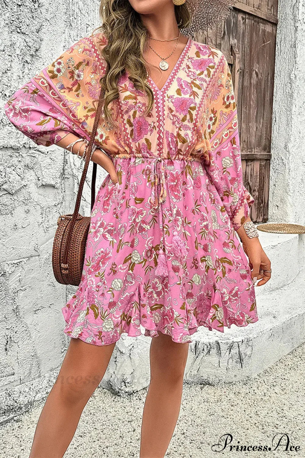 Deep V Neck Mini Cotton Boho Dress Pink / S bohodress-250126