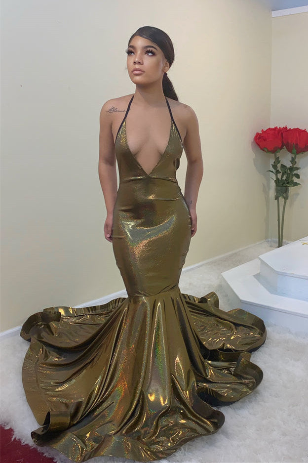 Deep V-Neck Prom Dress Mermaid Sleeveless On Sale - Fashionpara