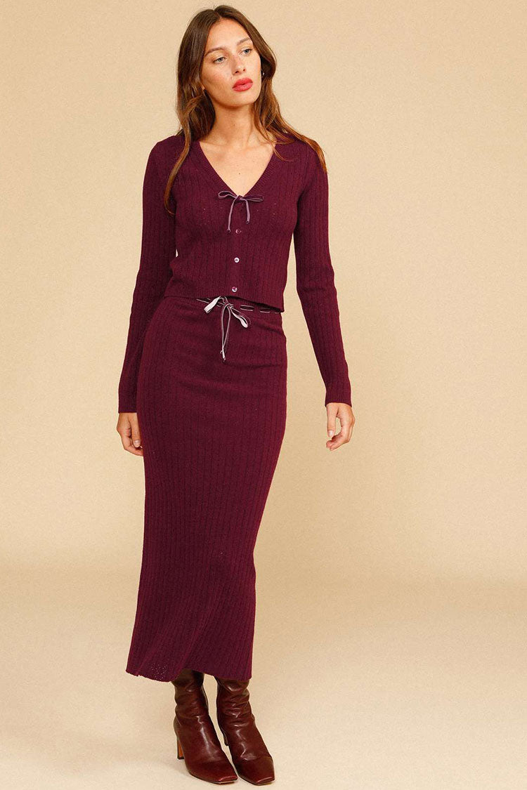 Deep V Rib Long Sleeve Winter Sweater Two Piece Dress - Burgundy  Fashionpara