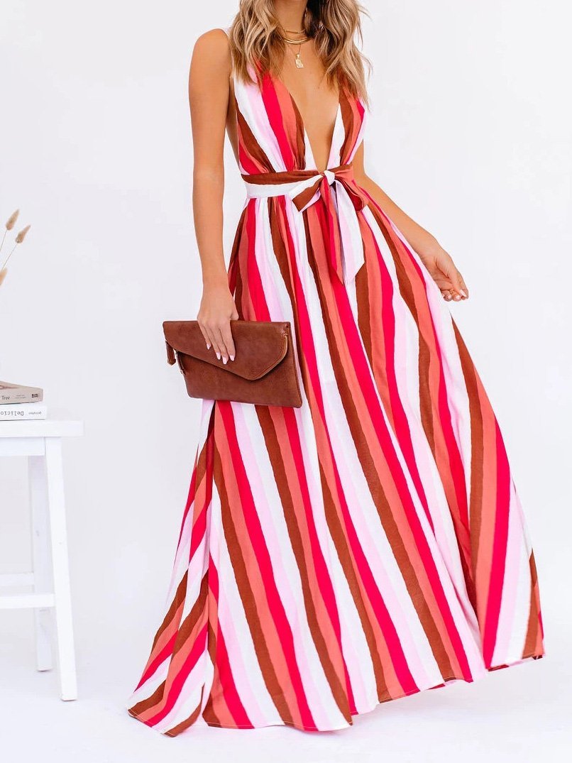 Striped Plunge Sleeveless Wide-Leg Jumpsuit