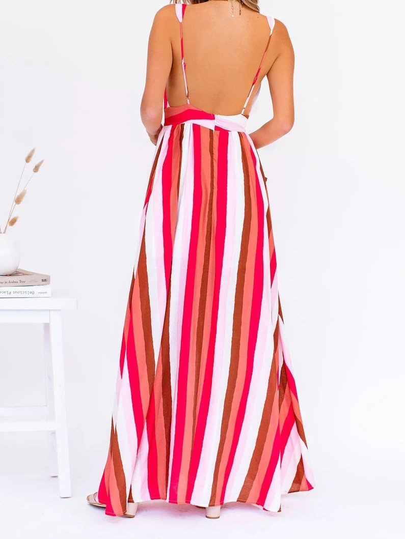 Striped Plunge Sleeveless Wide-Leg Jumpsuit