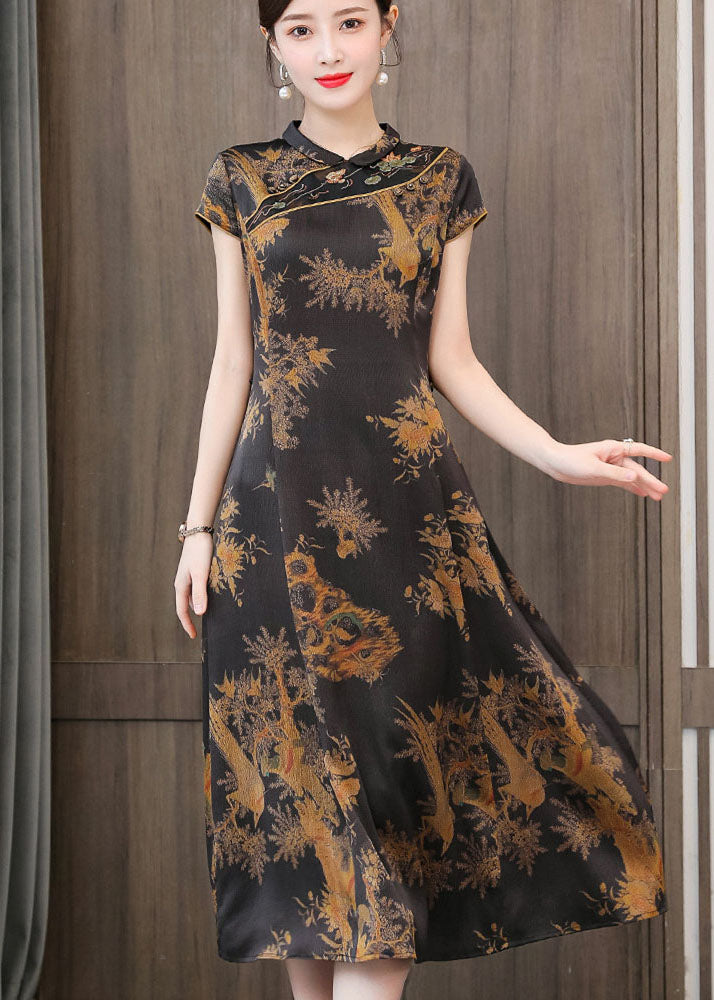 Bird Print Mandarin Collar Frog Button Cap Sleeve Cheongsam Midi Dress