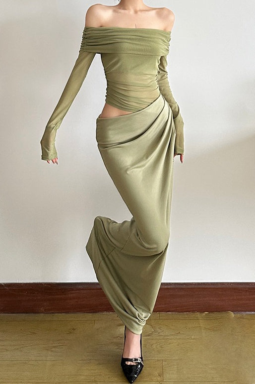 Off Shoulder Long Sleeve Sheer Mesh Ruched Bodycon Maxi Dress - View 11