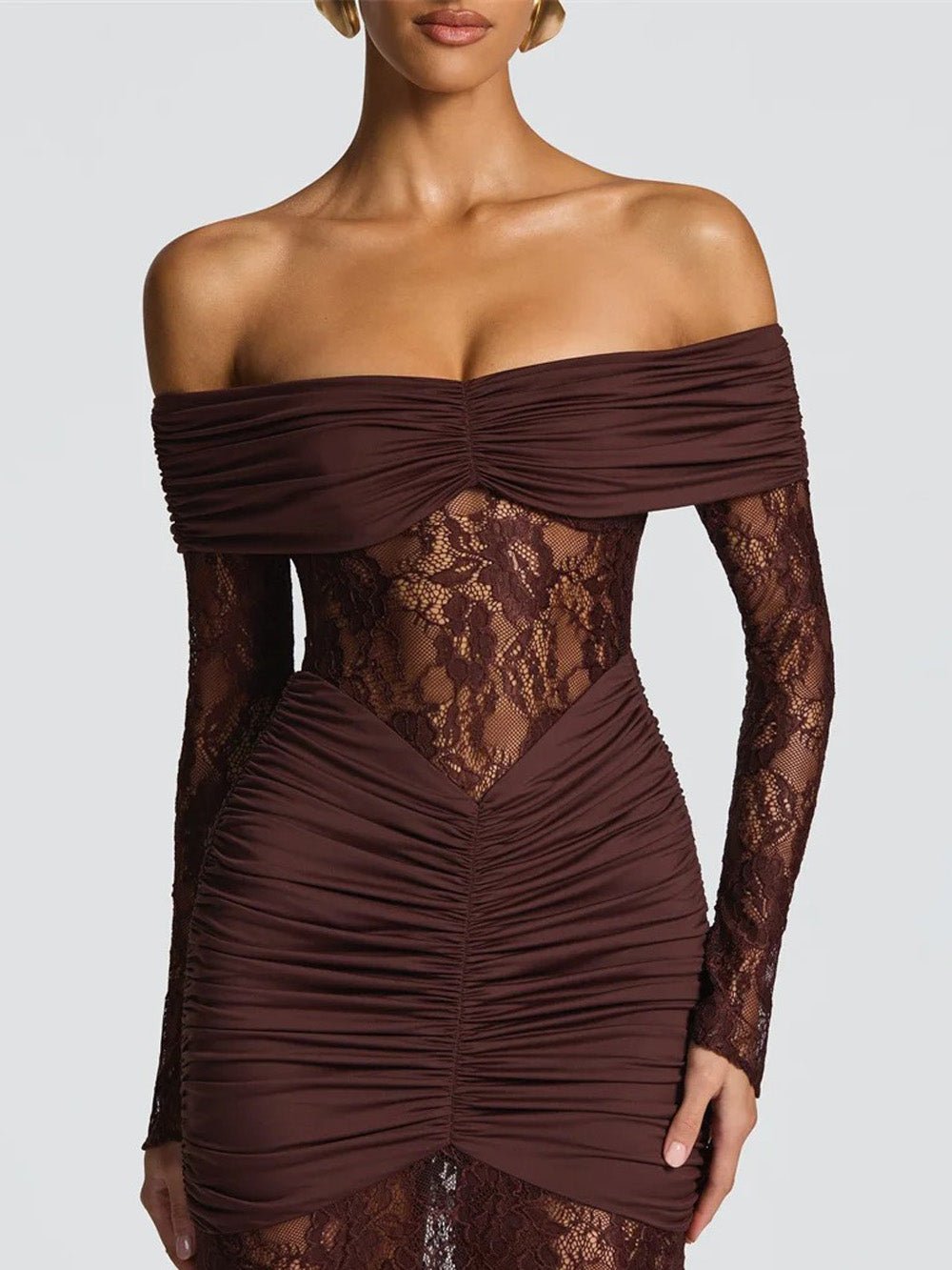 Delphine Off-Shoulder Lace Maxi Dress in Brown - View 4