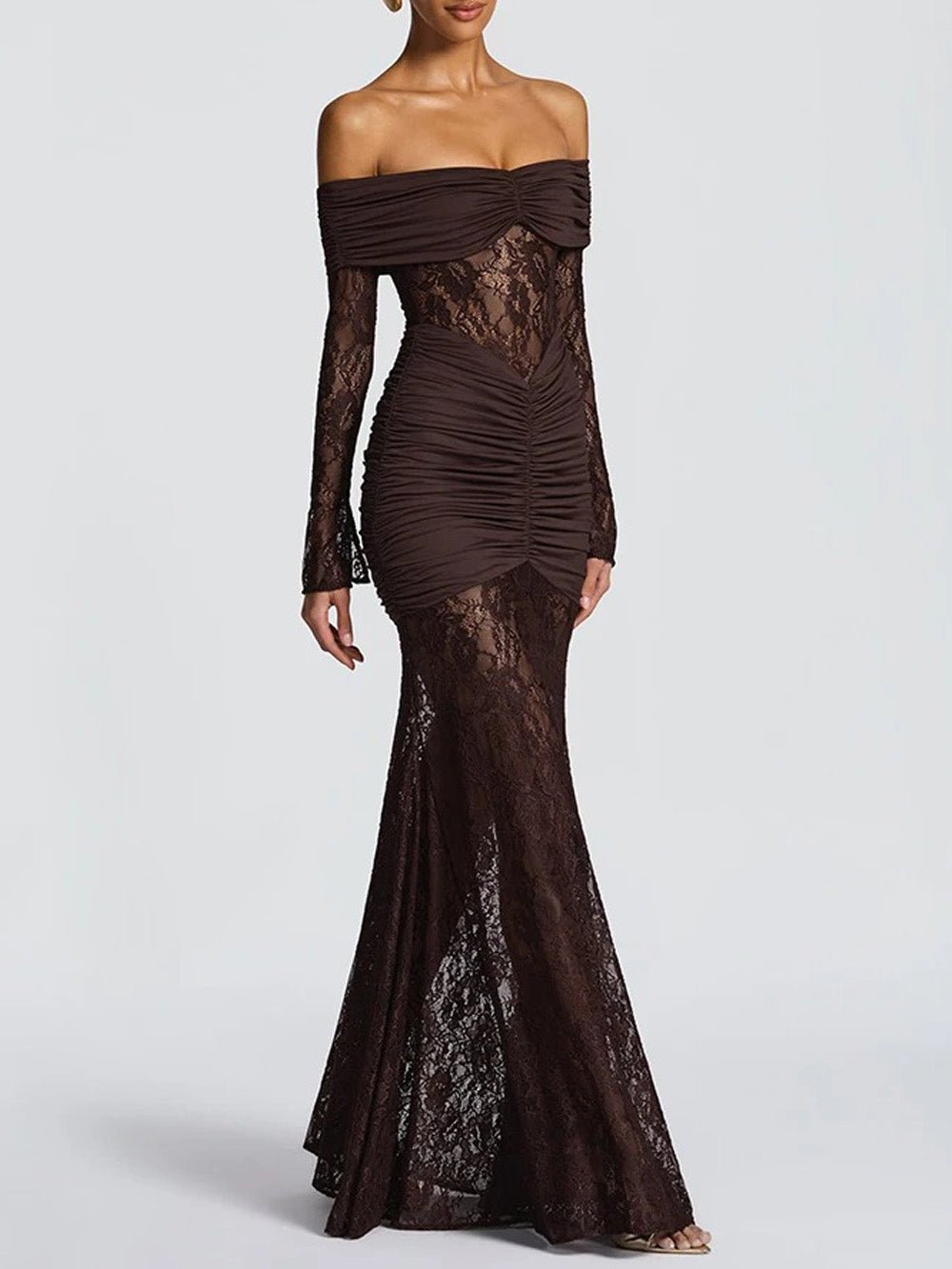 Delphine Off-Shoulder Lace Maxi Dress in Brown - View 3