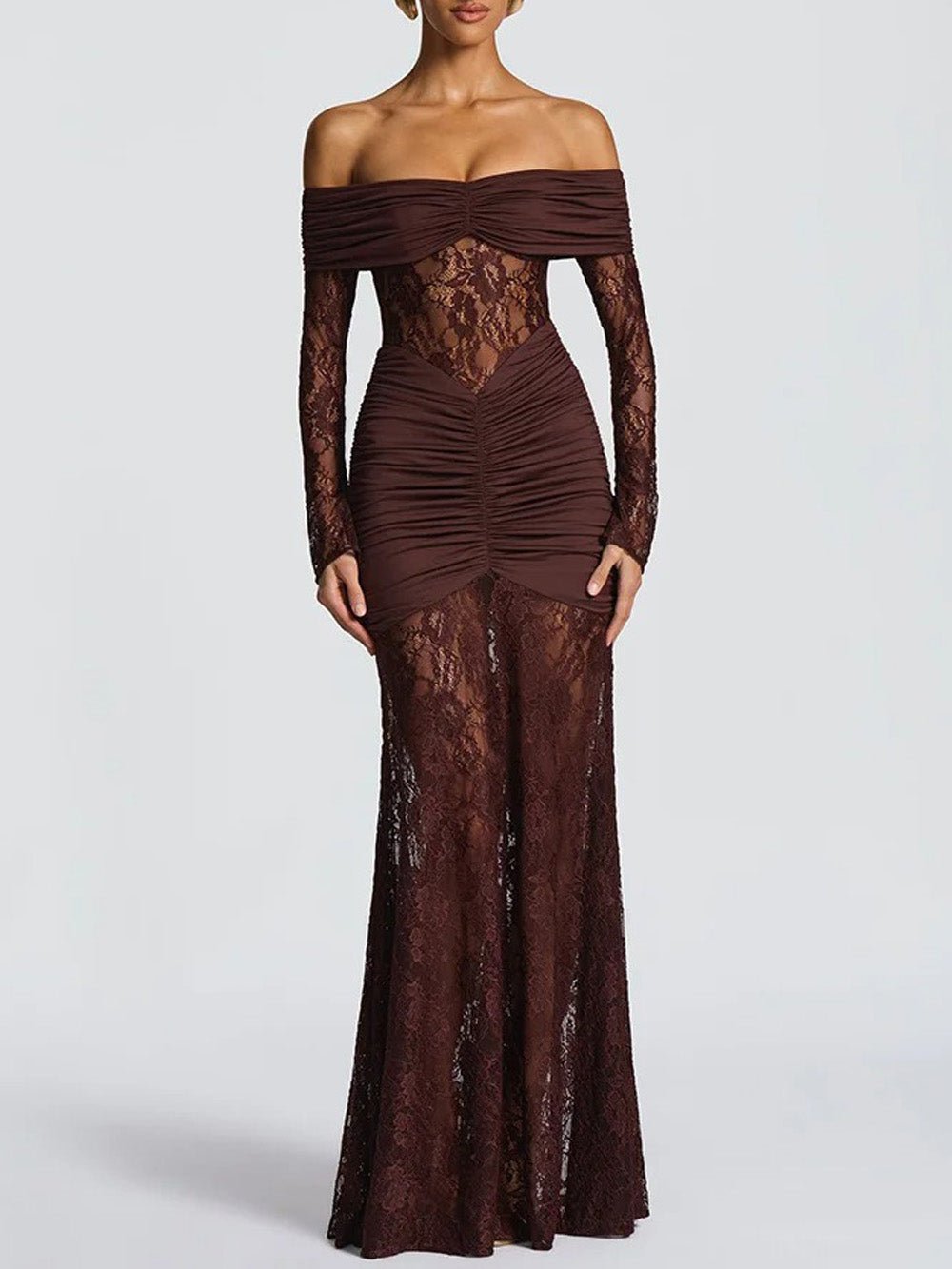 Delphine Off-Shoulder Lace Maxi Dress in Brown