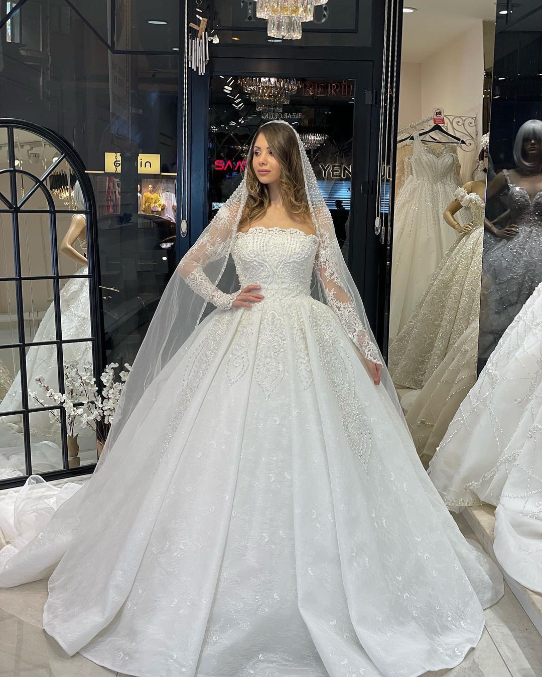 Deluxe Floor-Length Long Sleeves A-Line Lace Wedding Dress with Ruffles - Fashionpara