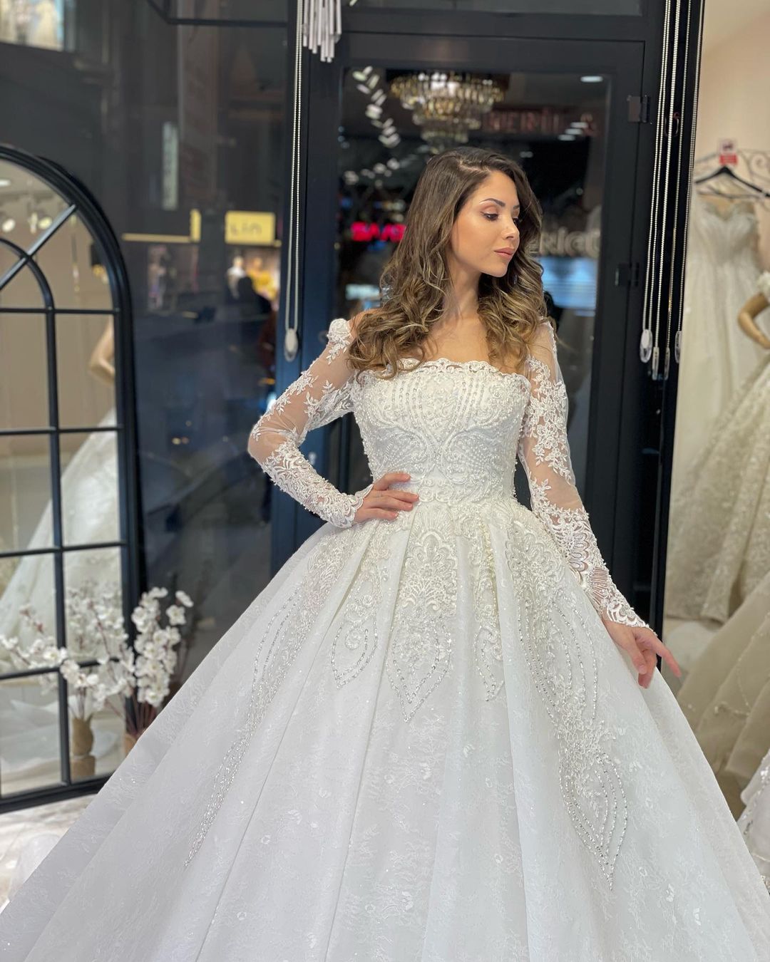 Deluxe Floor-Length Long Sleeves A-Line Lace Wedding Dress with Ruffles - Fashionpara