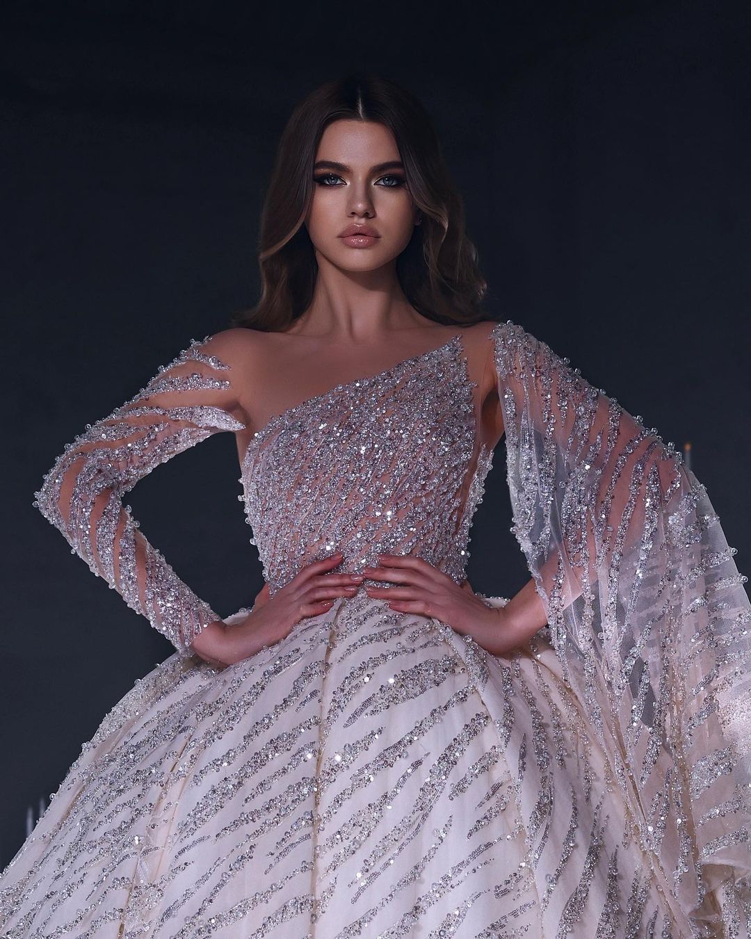 Opulent Floor-Length One-Shoulder A-Line Sequined Wedding Dress with Ruffled Embellishments - Fashionpara
