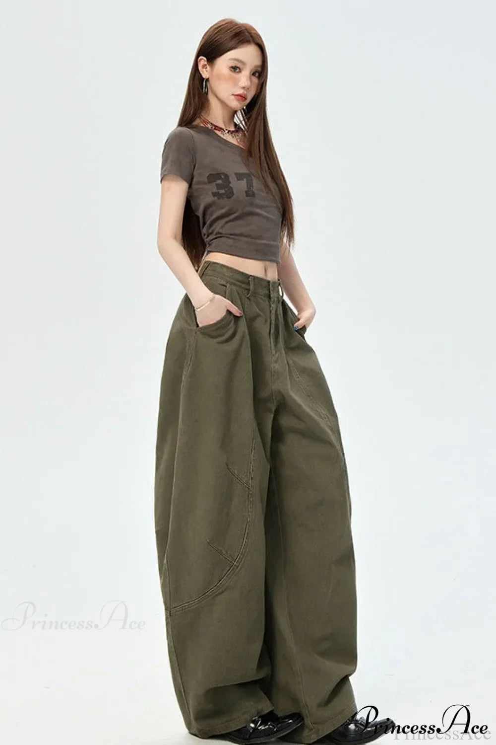 Denim Curved Loose Straight Cargo Pants
