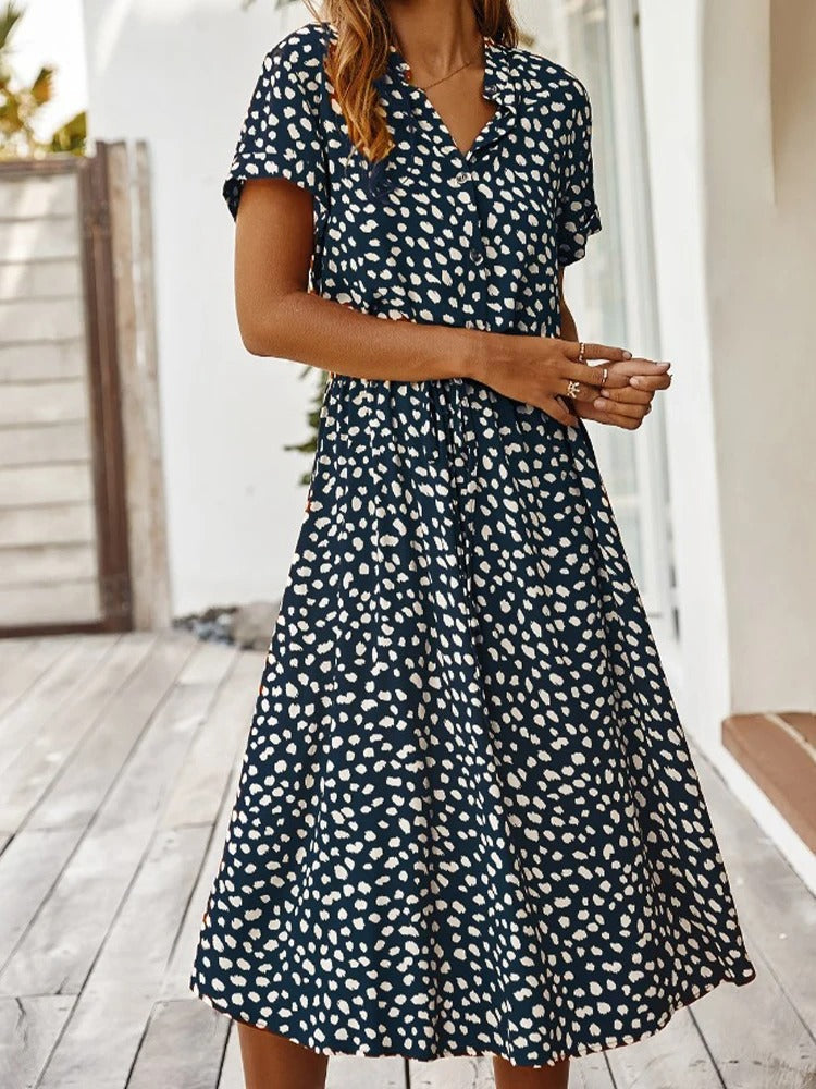 Leopard Print Collared Button Down Short Sleeve Midi Dress - View 2
