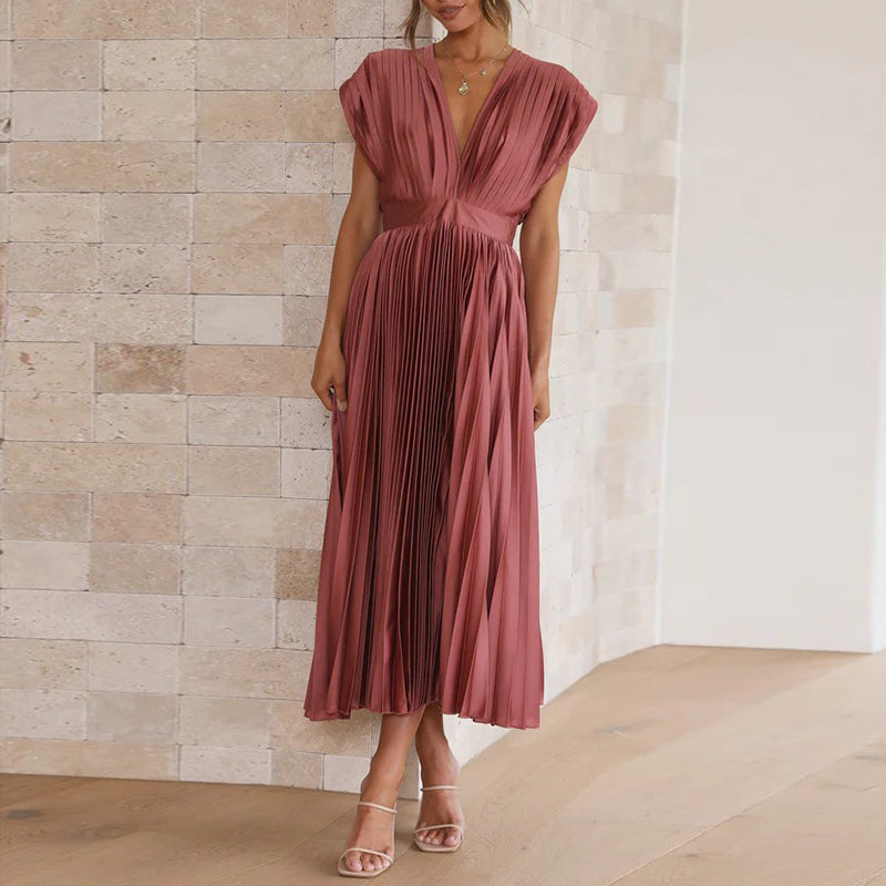 Pleated Deep V-Neck Fit and Flare Midi Dress - View 4