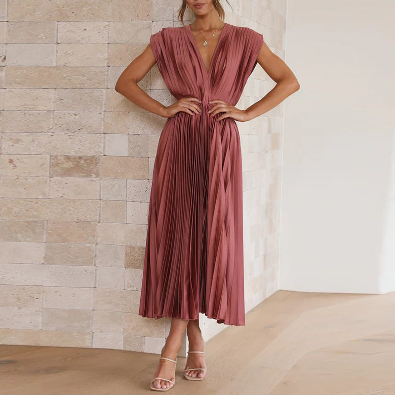 Pleated Deep V-Neck Fit and Flare Midi Dress - View 3