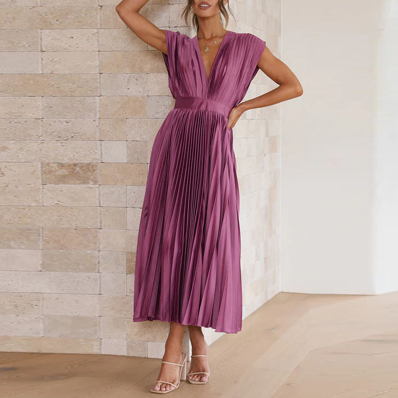 Pleated Deep V-Neck Fit and Flare Midi Dress - View 5
